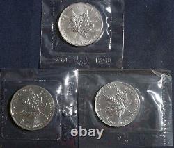 1988, 1989, 1990 $5 Maple Leaf. 9999 Fine Silver Rcm Ogp 1 Oz 3 Coins L-170332