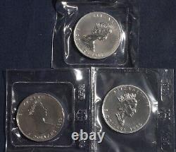 1988, 1989, 1990 $5 Maple Leaf. 9999 Fine Silver Rcm Ogp 1 Oz 3 Coins L-180959
