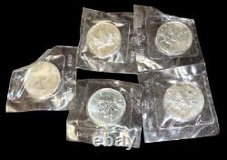 1988 One Ounce Canadian Silver Maple Leaf. 9999 $5 coin lot (5) sealed MINT