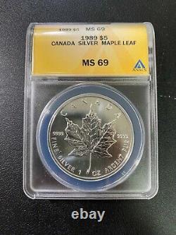 1989 Canada Maple Leaf Anacs Ms-69 Uncirculated Silver Certified Slab $1