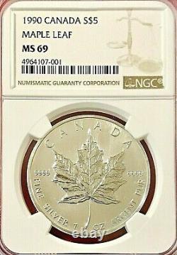 1990 $5 Canada Silver Maple Ngc Ms-69
