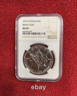 1994 Canada $5 Maple Leaf 1 OZ Silver Coin NGC MS 69