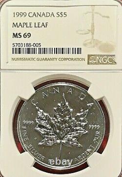 1999 $5 Canada Silver Maple Leaf Ngc Ms-69