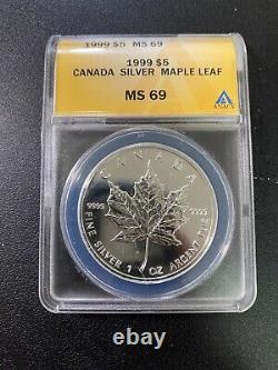 1999 Canada Maple Leaf Anacs Ms-69 Uncirculated Silver Certified Slab $1