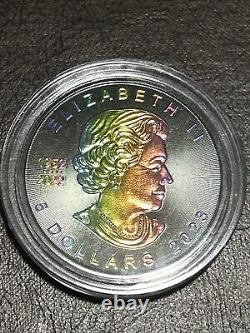 1 Oz Silver Coin 2023 Canada Maple $5 Rainbow Holo Limited Edition Pop 100