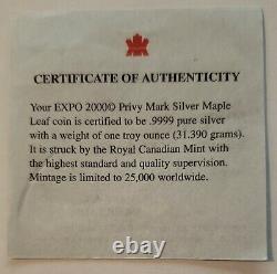 2000 CANADA $5 HANNOVER Privy Mark Silver Maple Leaf 1oz. 9999 Silver Coin & COA