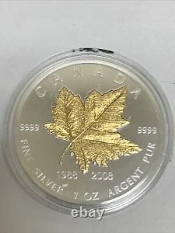 2008 Canada $5 Maple Leaf 1oz Pure Silver & 24KGP 20th Anniversary WithBox & COA