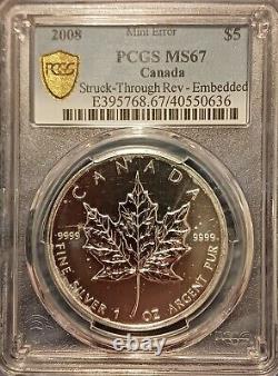 2008 Canadian Silver Maple Leaf PCGS MS 67 Struck Thru Mint Error Strike Through