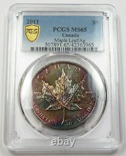 2011 PCGS MS65 RAINBOW TONED Maple Leaf Silver 1 oz Canada $5 Item #30540A