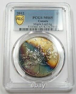 2012 PCGS MS65 RAINBOW TONED Maple Leaf Silver 1 oz Canada $5 Item #30533A