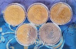 2014 1 Oz Silver Coins, Canada Maple Leaf. 9999, Lot Of 5