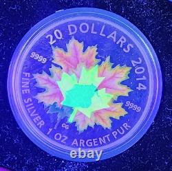 2014 CANADA $20 Glow-in-the-Dark MAPLE LEAVES 1 oz PROOF Silver Coin (3)