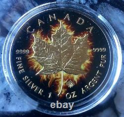 2014 Canada BURNING MAPLE Leaf Fire Black Ruthenium Gold 1Oz Silver Coin 500made