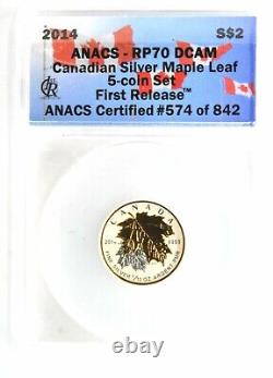2014 Canada Silver Maple Leaf 5 Coin Set First Releases ANACS RP70 DCam Gilded