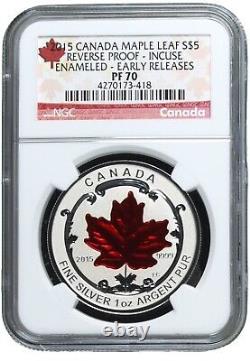 2015 1 Oz Silver $5 REVERSE PROOF MAPLE LEAF INCUSE Enameled NGC PF70 ER Coin