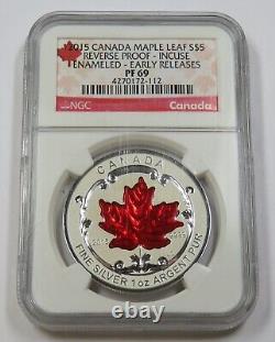 2015 NGC PF69 CANADA Incuse Enameled Maple Leaf 1oz Silver $5 Coin #34357A