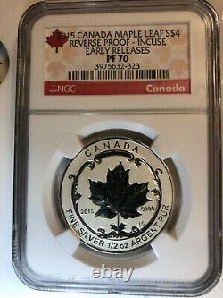 2015 Reverse Proof $4 Canada Silver Maple Leaf Incuse ER NGC PF70 RARE