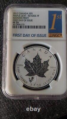 2017 Canada 5 Dollar Maple Leaf-reverse Pf Rooster Privy First Day Issue Pf 70