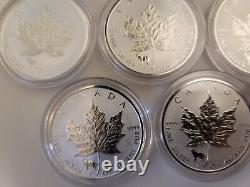 2018 1 Oz Silver Coins, Canada Maple Leaf, Dog Privy. 9999, Lot Of 5, Reverse P