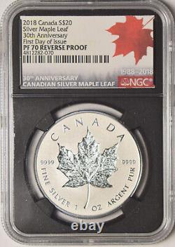 2018 Canada $20.00 Silver Maple Leaf NGC PF-70 Reverse Proof 30th Anniversary Fi