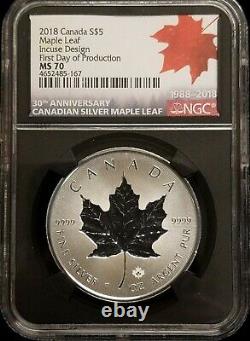 2018 Canada Silver Maple Leaf Coin Incuse Design 30th Anniversary FDOP NGC MS70