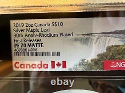 2019 2 oz Silver Maple Leaf 30th Anniv-RHODIUM NGC PF70 MATTE First Releases