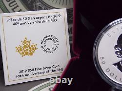 2019 $50 Canada 3oz. 9999 Silver 40th Anniv of MAPLE LEAF Incuse Gilt Case & COA