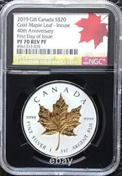 2019 Gilt Canada $20 Gold Maple Leaf-Incuse 40th ANV. First Day Of Issuer PR70