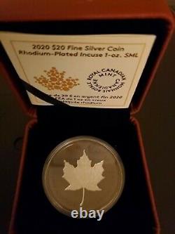 2020 1 oz Silver Maple Leaf $20 Incuse, with Rhodium, only 5000 mintage