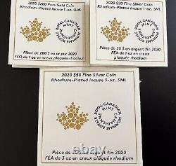 2020 Canada 1oz Gold, 1 & 3 oz Silver Maple Leaf Incuse Rhodium Plated FDOI Set