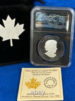 2020 Canada $20 Silver Incuse Maple Leaf Rhodium Plate 1 Oz. NGC PF 70 #435/5000