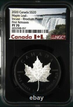 2020 Canada Silver $20 Maple Leaf Incuse Rhodium Plated NGC PF 70