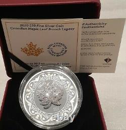 2020 Canadian Maple Leaf Brooch Legacy $30 2OZ Pure Silver Proof Coin Canada