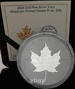 2020 Silver Maple Leaf Double-Incuse Rhodium-Plated $50 3OZ Silver Coin Canada