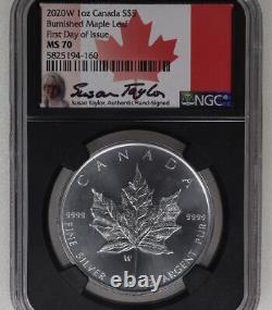 2020 W Silver Canada Burnished Maple Leaf MS 70 NGC Autographed Taylor
