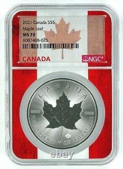 2021 Canada 1oz Silver Maple Leaf NGC MS70 Flag Core withRed Case