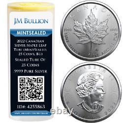 2022 Canadian Silver Maple Leaf Tube (MintSealed, 25 Coins, BU)