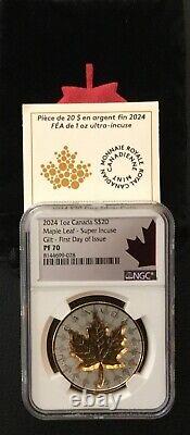 2024 Canada 1 oz Silver Maple Leaf Super Incuse Gilded NGC PF 70 first Day Issue