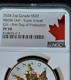 2024 Canada Super Incuse Maple Leaf 1 Oz Silver Gilt NGC PF70 $20 Coin FDP