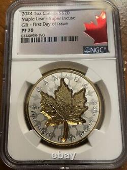 2024 Canada Super Incuse Maple Leaf 1 oz Silver Gilded Coin NGC PF 70 Special Ed