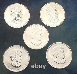 5 2013 Canada Maple Leaf 5 Dollars. 9999 1 Oz Fine Silver Argent Pur Coins