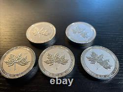 5 (five) X 2021 2 oz Canadian Silver Twin Maples Coin (BU)