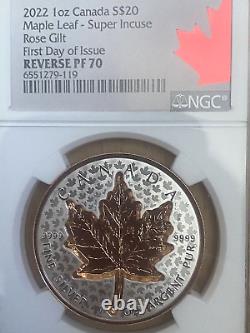 Canada 2022 Super Incuse Maple Leaf Rose Gold 1oz Silver FDOI FIRST DAY PF70 COA