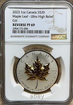 Canada 2023 $20 Silver Maple Leaf NGC Reverse PF 69 UHR Gilt With Box & COA