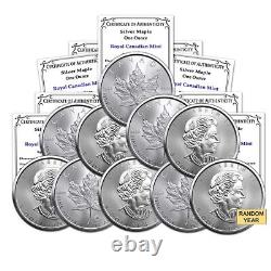 Canada Lot of 10 Random Year 1oz Silver Maple Leafs Brillaint Uncirculated withCoA