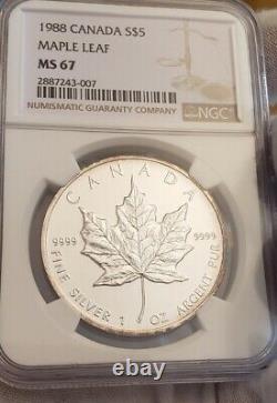 Key Date 1988 S$5 Canadian Silver Maple Leaf NGC MS-67 Rim Toned Toning Toner