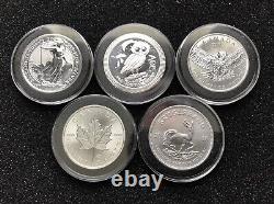 LOT OF 5 SILVER 1 OZ COINS Britannia, Niue Owl, Canada Owl, Krugerrand, Maple