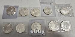 Lot Of 10 Silver Coins Walking Liberty. Niuv. Canada Maple. Krugerran