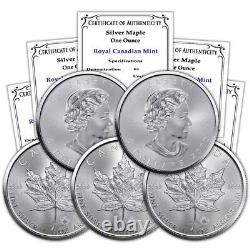 Lot of 5 2022 1oz Canadian Silver Maple Leaf Brilliant Uncirculated Coins with CoA