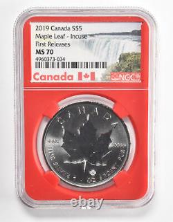 MS70 2019 Canada 5 Dollars 1 Oz. 999 Fine Silver Maple Leaf Incuse FR NGC 1101